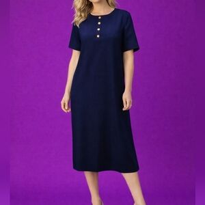 VTG FIRST LADY 1950s-1960s Navy Blue Short Sleeve Shift Shirt Midi Dress